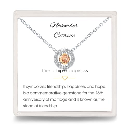 Geburtsstein Anhänger Halskette Damen - 925 Sterling Silber November Citrin Halskette mit Zirkonia | Fashion Birthstone Schmuck | Mode Geburtstag Geschenke für Frauen Mädche Bff（Verstellbare Kette ） von Qings
