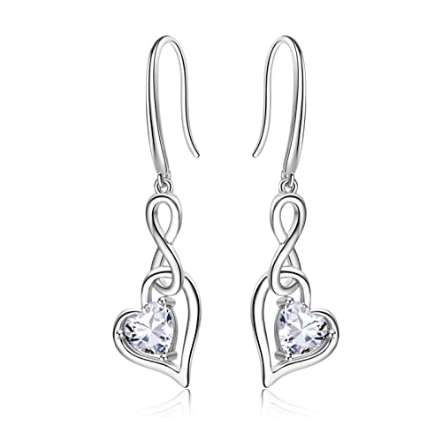 Geburtsstein Unendlich Ohrringe für Damen- Qings 925 Sterling Silber AprilMoissanit Unendlichkeit Herz Zirkonia Baumeln Tropfen Edelstein Ohrstecker Weihnachten Geburtstag Infinity Schmuck von Qings