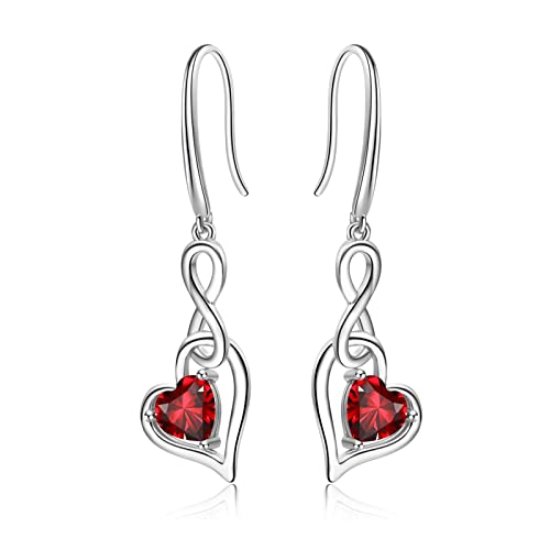 Geburtsstein Unendlich Ohrringe für Damen- Qings 925 Sterling Silber Januar Granat Unendlichkeit Herz Zirkonia Baumeln Tropfen Edelstein Ohrstecker Weihnachten Geburtstag Infinity Schmuck Geschenke von Qings