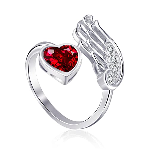 Qings Granat Januar Geburtsstein Ringe Sterling Silber Damen Verstellbarer Birthstone Flügel Feder Rot Herz Zirkonia Verlobungsring Eheringe Geburtsstein Schmuck für Frau Freundin Mädchen von Qings