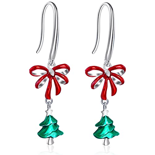 Grüner Weihnachtsbaum Ohrringe für Damen - Qings 925 Sterling Silber Weihnachten Rote Schleife Baumeln Tropfen Ohrringe Christmas Tree Schmuck Weihnachts Geschenke für Frauen Mädchen von Qings