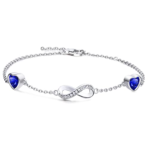 Qings Infinity Armband Damen Sterling Silber Unendlichkeit Liebes Herz Armbänder mit Saphir Geburtsstein Charm Blau Herz Zirkonia Verstellbar Armkette Muttertag Weihnachten Geschenk für Mama von Qings