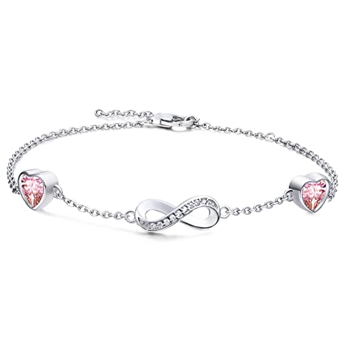 Qings Infinity Armband Damen Sterling Silber Unendlichkeit Liebes Herz Armbänder mit Turmalin Geburtsstein Charm Rosa Herz Zirkonia Verstellbar Armkette Muttertag Weihnachten Geschenk für Mama von Qings