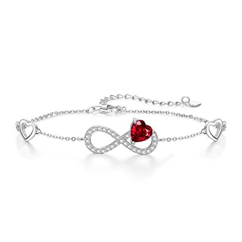Qings Infinity Unendlichkeit Herz Armband Damen 925 Sterling Silber Januar Granat Geburtsstein Armbänder Verstellbar Rot Edelstein CZ Armreif Love Armkette Schmuck Geburtstagsgeschenk für Mädchen von Qings