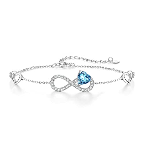 Qings Infinity Unendlichkeit Herz Armband Damen 925 Sterling Silber März Aquamarin Geburtsstein Armbänder Verstellbar Blau Edelstein Armreif, Armkette Schmuck Geburtstagsgeschenk für Frauen Mädchen von Qings