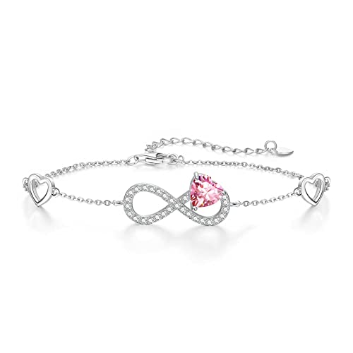 Qings Infinity Unendlichkeit Herz Armband Damen 925 Sterling Silber Oktober Turmalin Geburtsstein Armbänder Verstellba Pink Edelstein CZ Armreif Love Armkette Schmuck Geburtstagsgeschenk für Mädchen von Qings
