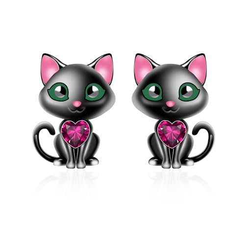 Katze Ohrringe Silber 925 Schwarze - Qings Katze Damen Sterling Silber Schwarze Katze Ohrstecker Niedliche Tier Ohrringe Stecker Geschenk für Katzenliebhaber Mädchen Tochter Enkelin Kinder Ohrschmuck von Qings
