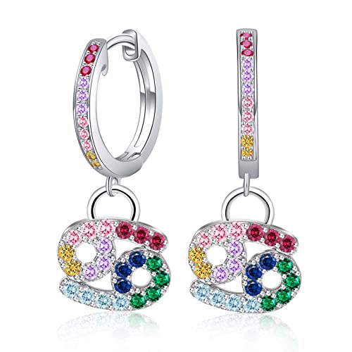 Krebs Sternzeichen Ohrringe mit Bunt Zrkonia - Qings Damen Mädchen Creolen 925 Sterling Silber Klein Horoskop Anhänger Hängend Hoops Ohrringes 12 Konstellation Sternbild Astrologie Schmuck Geschenk von Qings