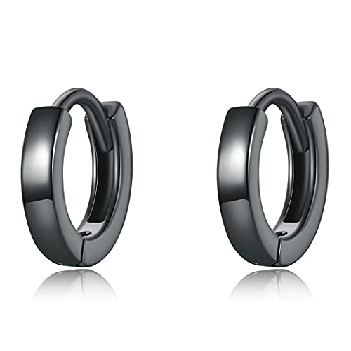 Qings Mode Klein Schwarze Creolen Ohrringe: Sterling Silber 925 Matte Mini Schmale Kreis Ohrringe Sehr Klein Klappcreolen Ohrring Unisex Punk HipHop Schmuck Geburtstags Geschenke für Damen Mädchen 9mm von Qings