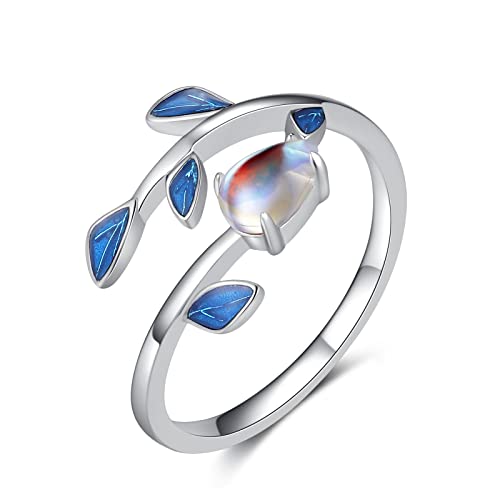 Qings Mondstein Blatt Ring 925 Sterling Silber Verstellbar Offen Oval Regenbogen Moonstone Blau Emaille Daumenringe für Mädchen Frau Freundin Mutter von Qings