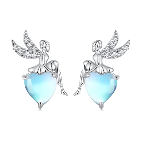 Mondstein Fee Ohrringe für Damenn Mädchen - Qings Sterling Silber 925 Engel Elfe Ohrstecker Herz Regenbogen Moonstone Earrings Geburtstag Weihnachten Geschenk von Qings