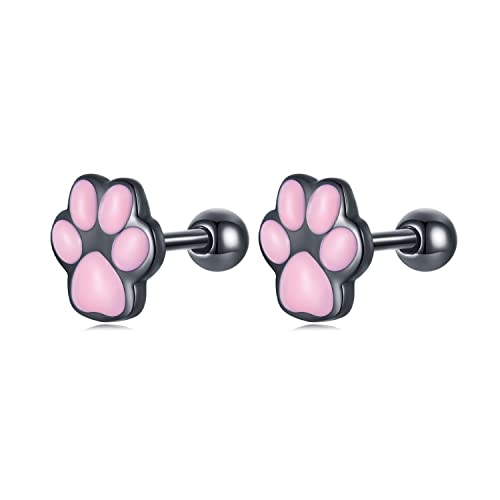 Ohrstecker Silber 925 Pfoten Schwarz Ohrringe Für Damen Mädchen Katzenpfote Hundepfote Rosa Katze Ohrringe Hypoallergene Schraubverschluss mit Echt Silber 925 Versch Stecker von Qings
