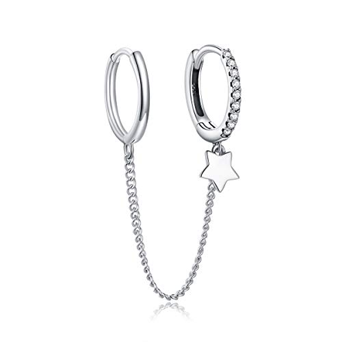 Qings 1 Doppel Creolen Gliederkette Ohrringe - 925 Sterling Silber Stern Ohrstecker Doppelte Piercing Ketten Trendige Exquisite Kleine Ohrring Schmuck für Damen Frauen und Mädchen von Qings