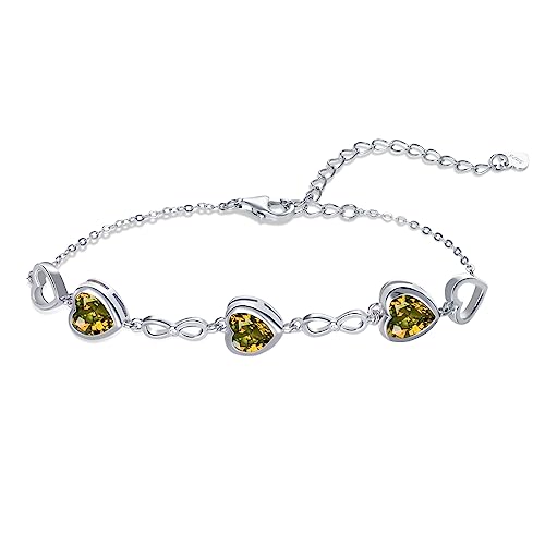 Qings 3 Herz Peridot Geburtsstein Armband Damen Silber 925 August Infinity Unendlichkeit Armkette mit Zirkonia Charms Verstellbar Kristall Armbände Geburtstag Weihnachten Geschenk für Mädchen Ihr von Qings
