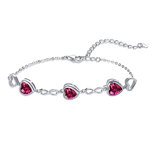 Qings 3 Herz Rubin Geburtsstein Armband Damen Silber 925 Juli Infinity Unendlichkeit Armkette mit Zirkonia Charms Verstellbar Kristall Armbände Geburtstag Weihnachten Geschenk für Mädchen Ihr von Qings