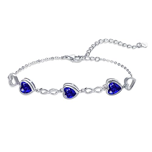 Qings 3 Herz Saphir Geburtsstein Armband Damen Silber 925 September Infinity Unendlichkeit Armkette mit Zirkonia Charms Verstellbar Kristall Armbände Geburtstag Weihnachten Geschenk für Mädchen Ihr von Qings