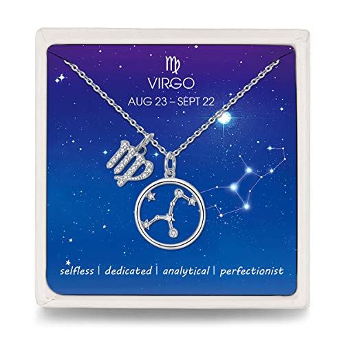 Qings 925 Silber Kette Damen Jungfrau Sternzeichen Halskette mit Kreis Stern Zirkonia Anhänger, Modeschmuck Kette für Damen Frauen Mädchen von Qings