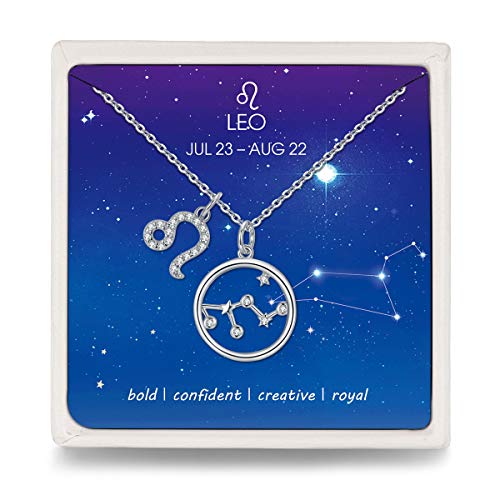 Qings 925 Silber Zirkonia Kette Damen Löwe Sternzeichen Halskette mit Kreis Stern Anhänger, Horoskop Astrologie Kette Weihnachten Geschenk von Qings