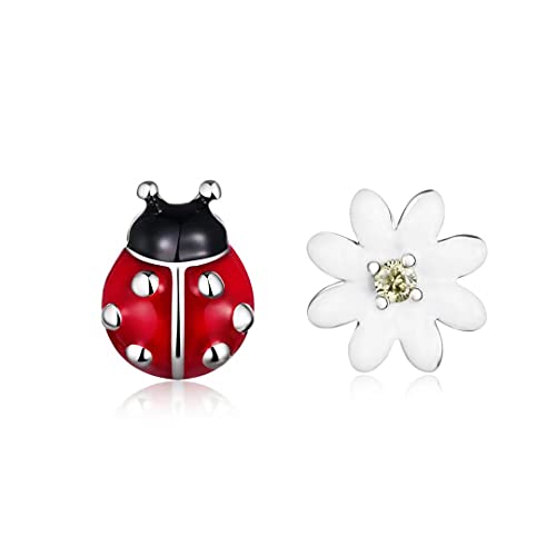 Qings 925 Sterling Silber Damen Ohrring Ohrstecker Marienkäfer GänseblüMchen Asymmetrisch Blumen Tierblumen Sommer Rot WeißEr Blume Exquisite Ohrstecker rFrauen Tochter von Qings