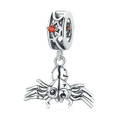 Qings 925 Sterling Silber Halloween Charms für Damen, Spinne Charm Beads Lustiger Spinnen Anhänger mit Rot Zirkonia, Kreative Schmuck für DIY Armbänder und Halsketten von Qings