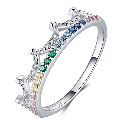 Qings 925 Sterling Silber Kronenring, Prinzessin Ehering mit Bunten Zirkonias Schmuck Geschenke für Mädchen Frauen Damen Geburtstag Verlobung von Qings