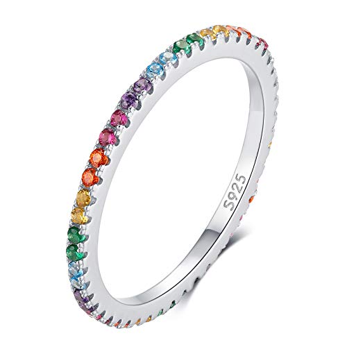 Qings 925 Sterling Silber Regenbogen Ewigkeit Ring, bunte Zirkonia Finger Stapelbar Ring Eheringe Verlobungsringe Jubiläum Geburtstagsgeschenk für Frauen Mädchen von Qings