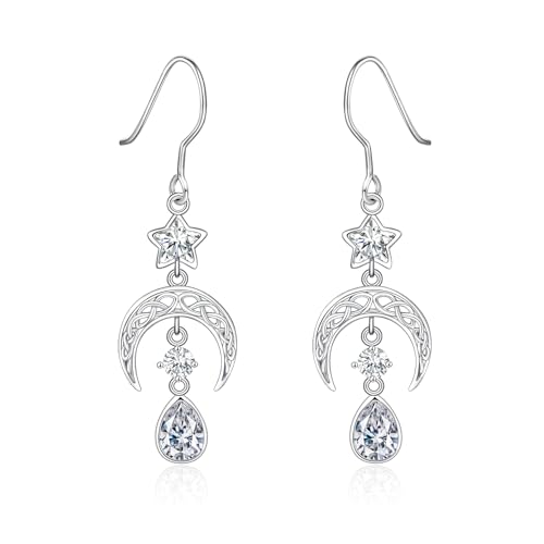 Qings April Moissanit Geburtsstein Ohrringe für Damen 925 Sterling Silber Keltische Mond und Stern Tropfen Ohrringe mit Ovalen Zirkonia Geburtstags Schmuckgeschenke für Familie und Freunde von Qings