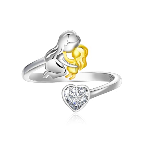 Qings April Moissanit Geburtsstein Ring mit Mama Töchter Design 925 Sterling Silber Mutter und Tochter Herz Zirkonia Ring von Qings