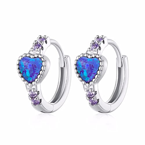 Qings Blau-violett Herz Creolen Ohrringe Damen 925 Sterling Silber Hypoallergen Kleine Creolen Huggie Ohrringe Opal Knorpel Ohrringe Geburtstags Geschenk für Frauen Mädchen Tochter von Qings