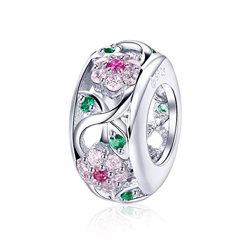 Qings Blumen Charms Frühling Anhänger - 925 Sterling Silber Charm mit Pinke Blume Bunter Zirkonia Charms für Europäische Armbänder Halsketten Mädchen Damen Geburtstag Geschenk von Qings