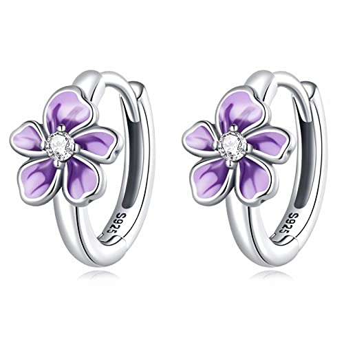 Qings Blumen Creolen Ohrringe Damen 925 Sterling Silber Hypoallergen Kleine Creolen Lila Blume Huggie Ohrringe Mode Knorpel Ohrring Geburtstags Geschenk für Mädchen Tochter von Qings