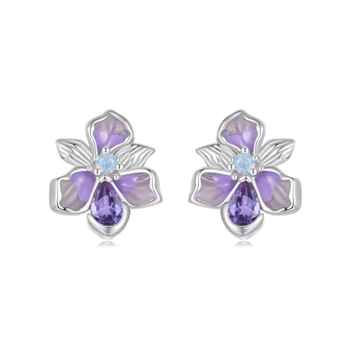 Qings Blumen Ohrringe Sterlingsilber Blume Ohrstecker Hypoallergene Lila Iris Ohrringe Damen Flower Earrings Silberne Floral Stecker Klein Blütenblatt Ohrring für Frauen und Mädchen von Qings