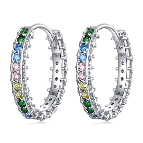 Qings Bunte Mädchen Ohrringe Bunte 925 Sterling Silber Huggie ​Creolen Zirkonia Schmuck Geburtstagsgeschenk für Frauen Mädchen von Qings