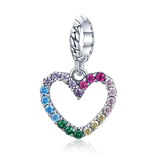 Qings Bunte herzförmige Anhänger Perle Hohle Regenbogen-Herz-Liebeszauber 925er Sterling Silber Funkelnder CZ Zirkon für Armband Halskette Schmuck Geschenk für Frauen Mädchen von Qings
