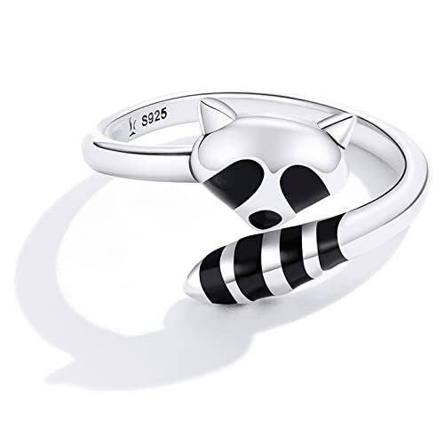 Qings Damen 925er Sterling Silber Ring - Verstellbar Vintage Waschbär Schmuck Offener Ringe für Frauen Mädchen Einstellbarer Racoon Fuchsschwanz Tier Jubiläum Versprechen Party Geschenke von Qings