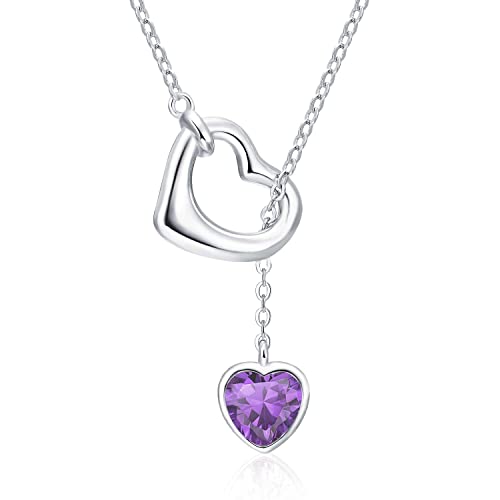 Qings Damen Amethyst Geburtsstein Februar Kette Sterling Silber 925 Herz Anhänger Halskette mit Glänzendem Heart Zirkonia Geburtstag Weihnachten Muttertag Schmuck Geschenk für Freundin Mädchen von Qings