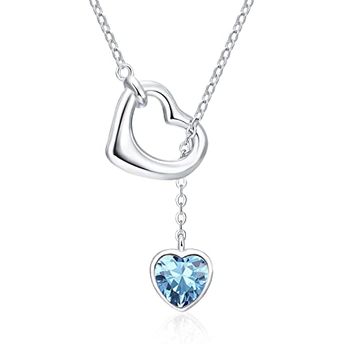 Qings Damen Aquamarin Geburtsstein März Kette Sterling Silber 925 Herz Anhänger Halskette mit Glänzendem Heart Zirkonia Geburtstag Weihnachten Muttertag Schmuck Geschenk für Mutter Mädchen von Qings