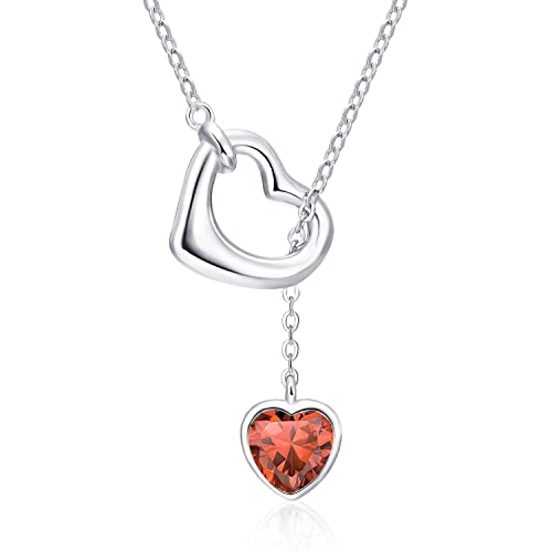 Qings Damen Granat Geburtsstein Januar Kette Sterling Silber 925 Herz Anhänger Halskette mit Glänzendem Heart Zirkonia Geburtstag Weihnachten Muttertag Schmuck Geschenk für Freundin Mutter Mädchen von Qings