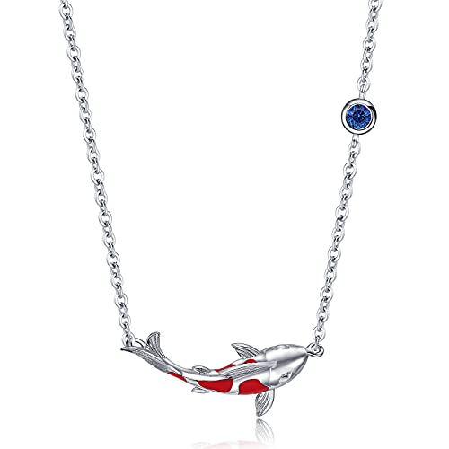 Qings Damen Halskette Koi Karpfen Kette 925 Sterling Silber Glückliche Rote Fisch Anhänger Halskette Ozean Tier Modeschmuck für Frauen Mädchen Tochter von Qings