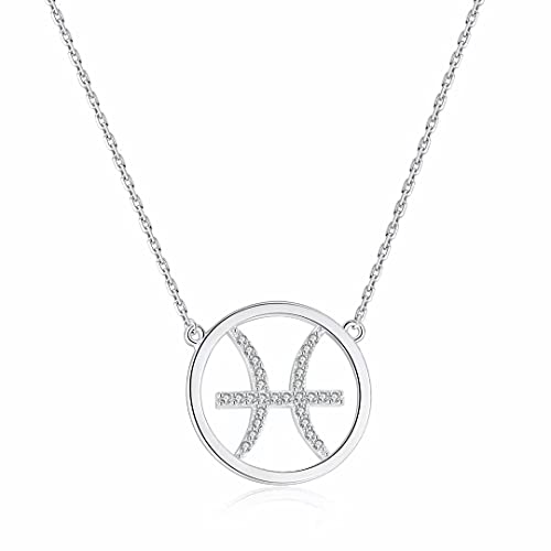 Qings Damen Halskette Sternzeichen Silber Kette Fische Zodiac Anhänger Halsketten mit Cubic Zirkonia Horoskop Astrologie Damen Schmuck Geburtstag Weihnachten geschenke für Damens Mädchen Männer von Qings