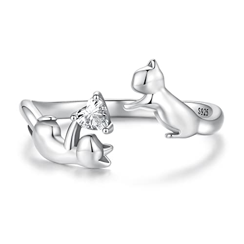 Qings Damen Katze Verstellbare Ringe Offen Katzenring Sterling Silber 925 Süß Tier Finger Ring Schmuck Geschenk für MäDchen Teenager von Qings