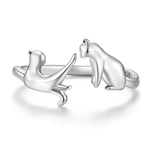 Qings Damen Katze Verstellbare Ringe Offen Katzenring Sterling Silber 925 Süß Tier Finger Ring Schmuck Geschenk für MäDchen Teenager von Qings