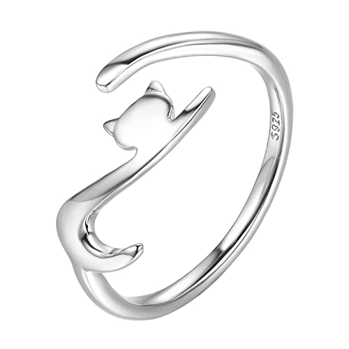 Qings Damen Katze Verstellbare Ringe Offen Katzenring Sterling Silber 925 Süß Tier Finger Ring Schmuck Geschenk für MäDchen Teenager von Qings