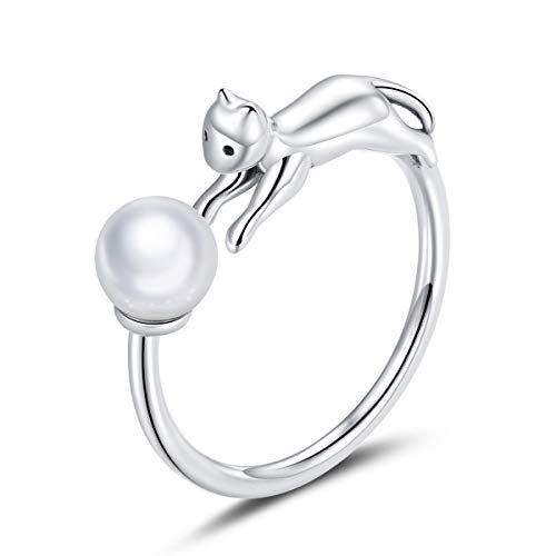 Qings Damen Katze Verstellbare Ringe Offen Katzenring Sterling Silber 925 Süß Tier Finger Ring Schmuck Geschenk für MäDchen Teenager von Qings