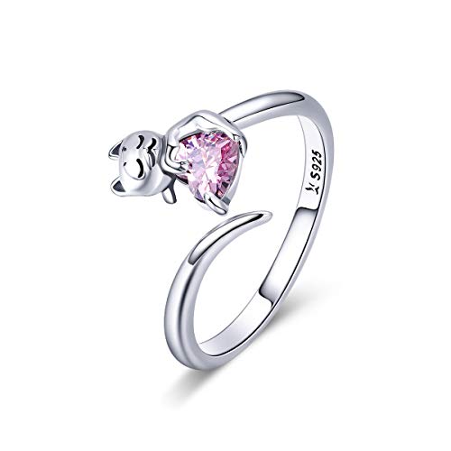 Qings Damen Katze Verstellbare Ringe Offen Katzenring Sterling Silber 925 Süß Tier Finger Ring Schmuck Geschenk für MäDchen Teenager von Qings