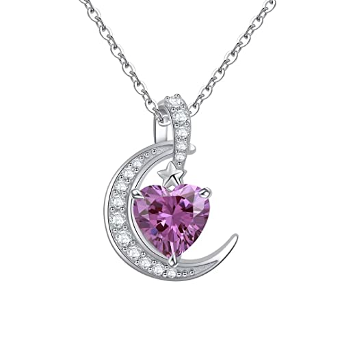 Qings Damen Kette Geburtsstein Halsketten Februar Amethyst Edelstein 925 Sterling Silber Mond Herz Juwel Anhänger für Mädchen Ehefrau Schwiegermutter von Qings