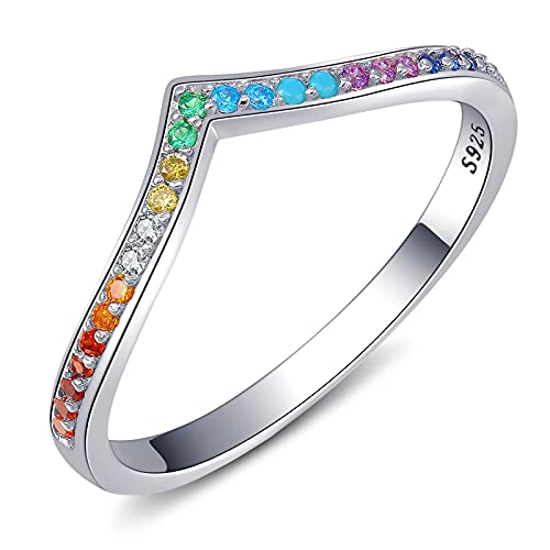 Qings Damen Regenbogen V-Form Ring 925 Sterling Silber CZ stapelbar Verlobungs Ring Schmuck Geschenk für Frau Mädchen von Qings