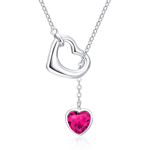 Qings Damen Rubin Geburtsstein Juli Kette Sterling Silber 925 Herz Anhänger Halskette mit Glänzendem Heart Zirkonia Geburtstag Weihnachten Muttertag Schmuck Geschenk für Mutter Mädchen von Qings