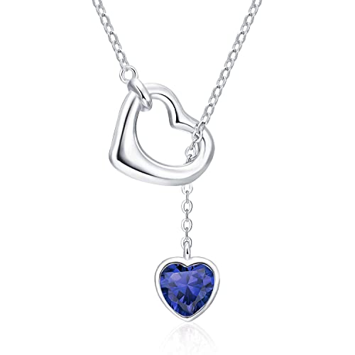 Qings Damen Saphir Geburtsstein September Kette Sterling Silber 925 Herz Anhänger Halskette mit Glänzendem Heart Zirkonia Geburtstag Weihnachten Muttertag Schmuck Geschenk für Mutter Mädchen von Qings