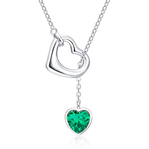 Qings Damen Smaragd Geburtsstein Mai Kette Sterling Silber 925 Herz Anhänger Halskette mit Glänzendem Heart Zirkonia Geburtstag Weihnachten Muttertag Schmuck Geschenk für Freundin Mutter Mädchen von Qings